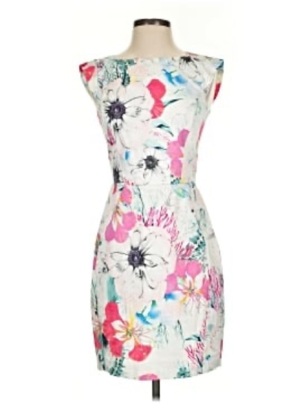 French Connection White Floral Midi Dress with Pink & Teal Accents